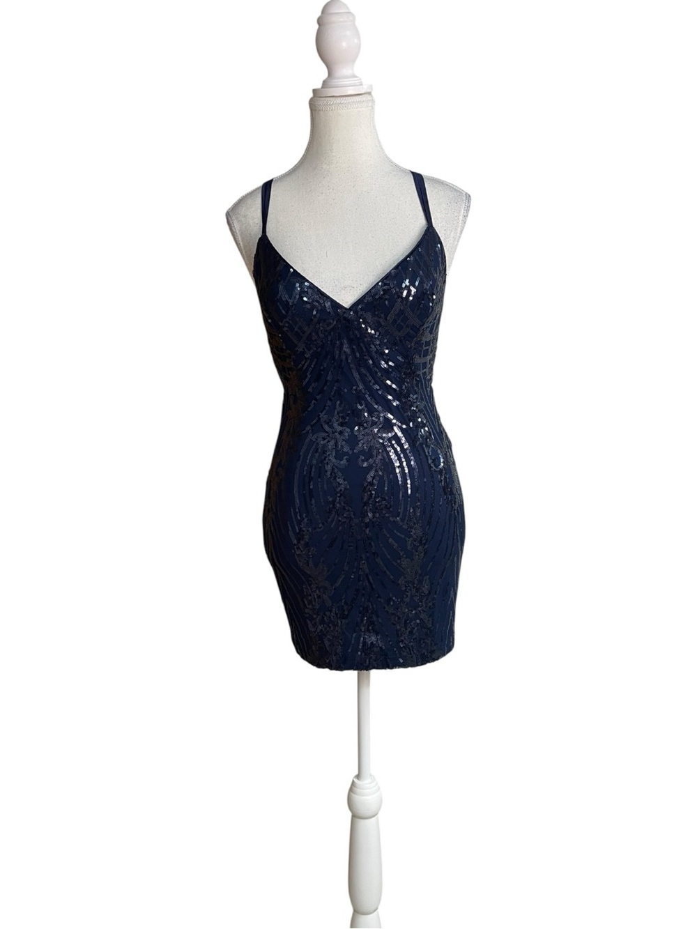 Lulus Dazzling Reputation Spaghetti Strap Sequin Bodycon Mini Dress Navy Blue
